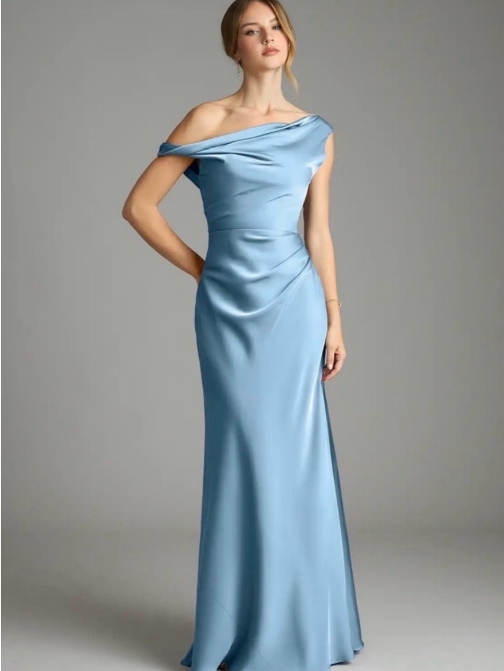 Azazie Powder Blue Off-the-Shoulder Satin Maxi Gown